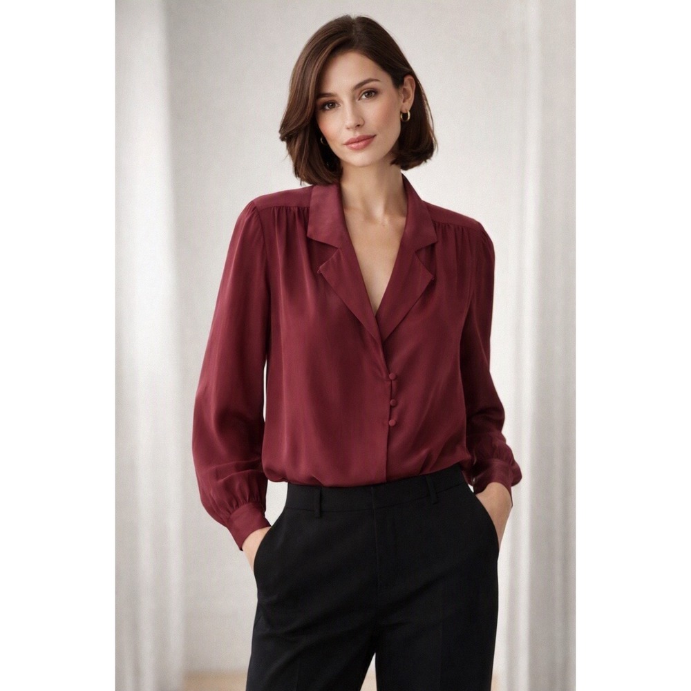 Vintage Silk Blouse Burgundy Draped Collar Classic Chic Long Sleeve 100% Silk